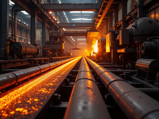 Steel production facility overview showing modern manufacturing equipment and quality control processes